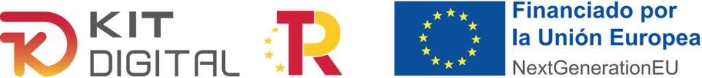 Logotipo del programa Kit Digital, seguido del logo del Plan de Recuperación, Transformación y Resiliencia y por último el logo de Financiado por la Unión Europea NextGenerationEU.